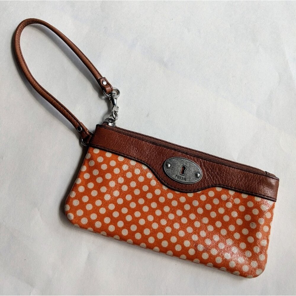 Fossil Polka Dot Wristlet Orange Key-per Wallet